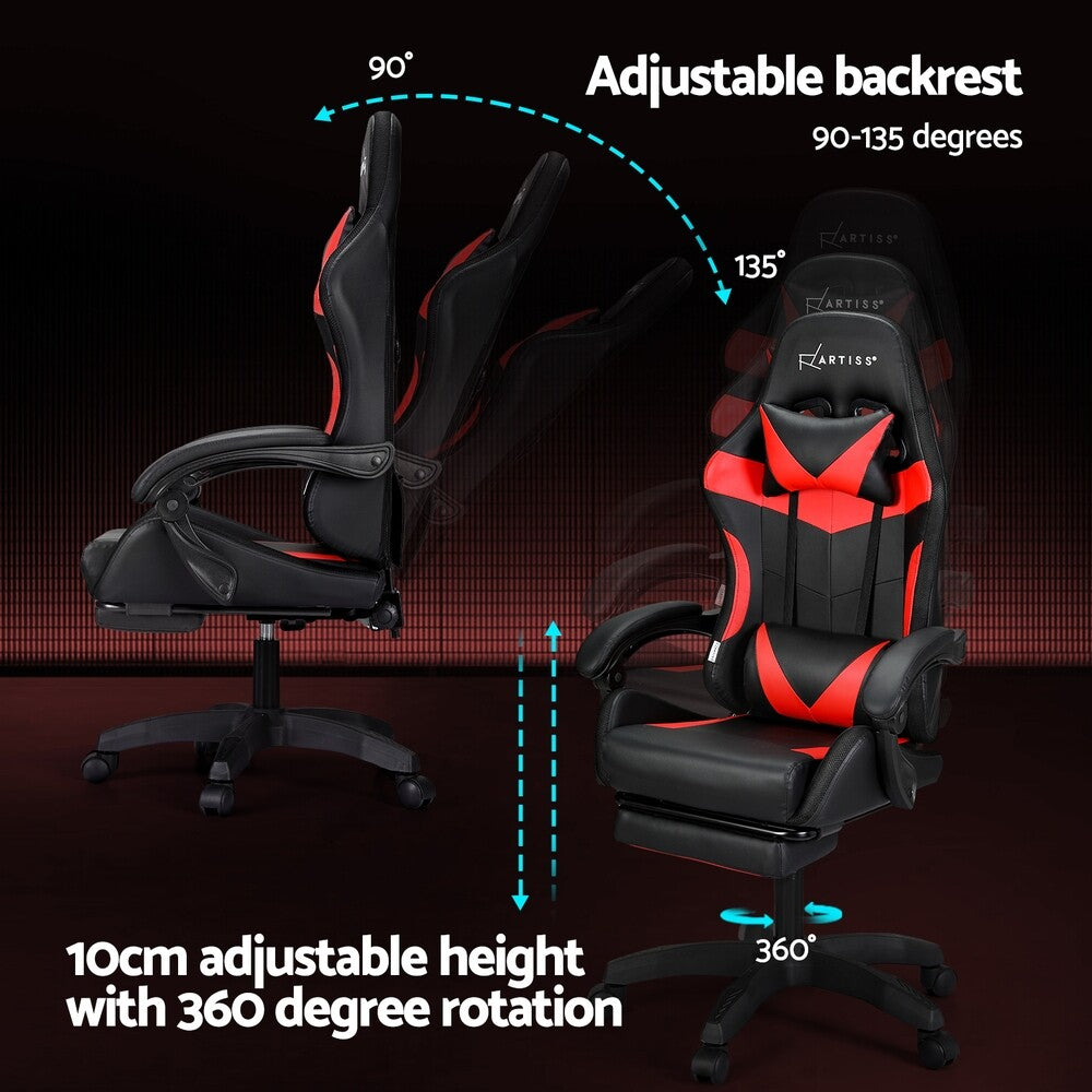 Artiss Massage Gaming Chair 6 Point 7 LED Office Chairs Leather Footrest Red