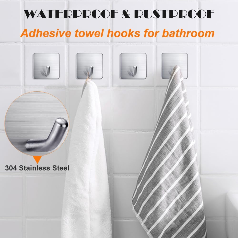 Heavy Duty Adhesive Towel Hooks Stick on Towel Hanger Wall Holder Waterproof Stainless Steel Sticky Hooks for Hanging Bathroom Kitchen Home-4 Packs