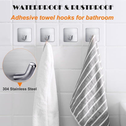 Heavy Duty Adhesive Towel Hooks Stick on Towel Hanger Wall Holder Waterproof Stainless Steel Sticky Hooks for Hanging Bathroom Kitchen Home-4 Packs