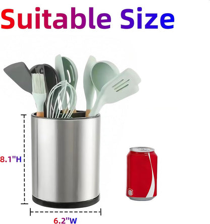 Kitchen Utensil Holder Extra Large 360° Rotating for Counter Organizer Stainless Steel Storage Cooking Silverware Caddy Flatware 3 Compartment Flatware Spoon Spatula Lazy Susan （Silvery）