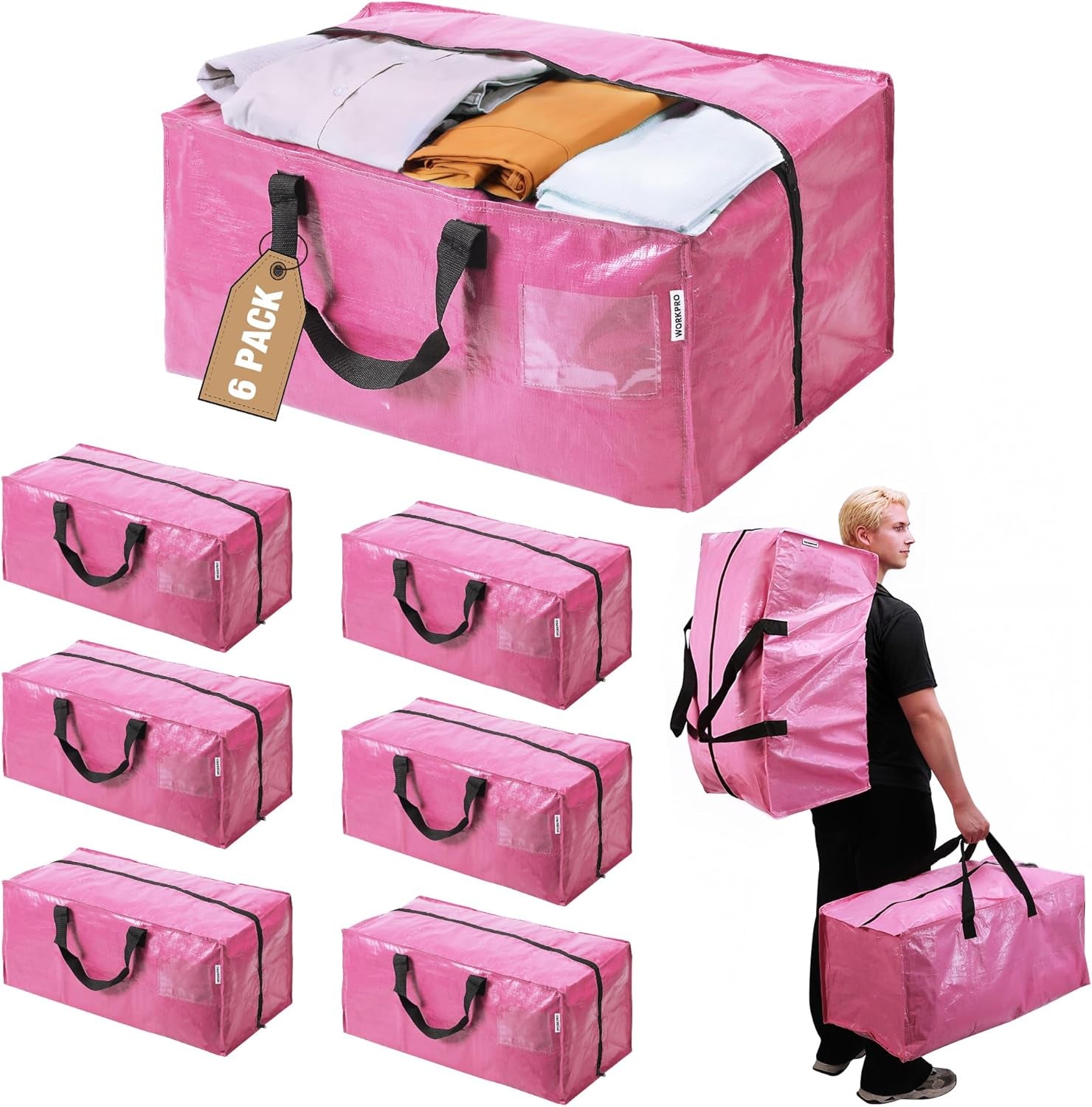 6 Pack Extra Large Moving Bags with Zippers & Carrying Handles Backpack Straps, Heavy-Duty Storage Tote for Space Saving Moving Storage - Pink