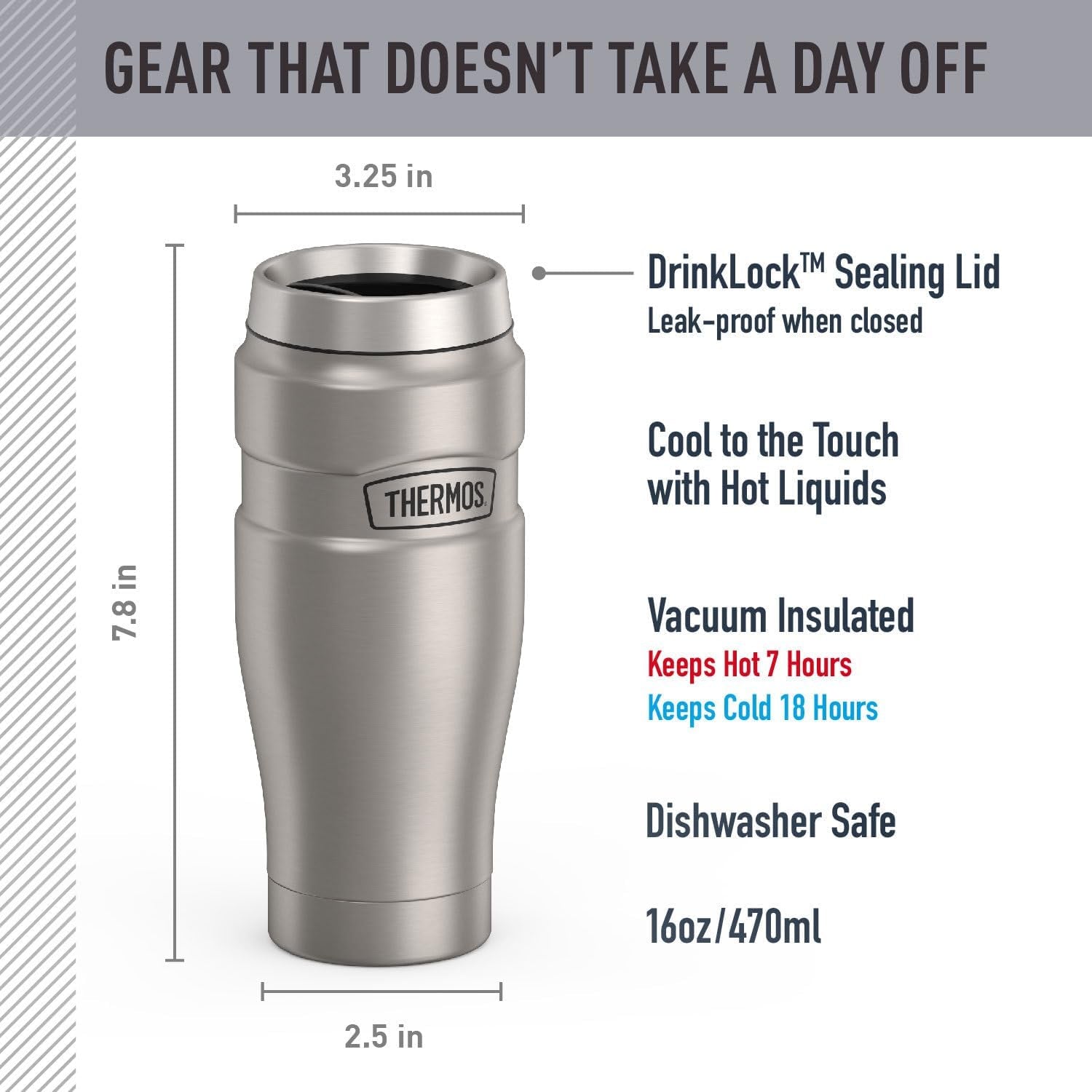 Stainless King Vacuum-Insulated Travel Tumbler, 16 Ounce, Matte Steel