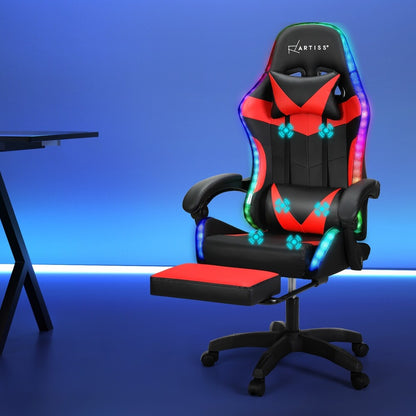 Artiss Massage Gaming Chair 6 Point 7 LED Office Chairs Leather Footrest Red