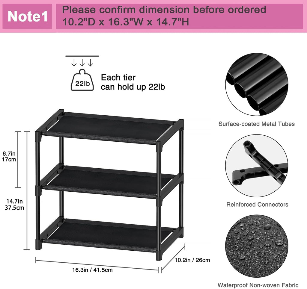 3 Tier Small Shoe Rack, Narrow Stackable Kids Toddler Adult Shoe Storage Organizer Shelf for Closet Floor Front Door Entrance Entryway, Free Standing Shoe Rack Organization Shelves