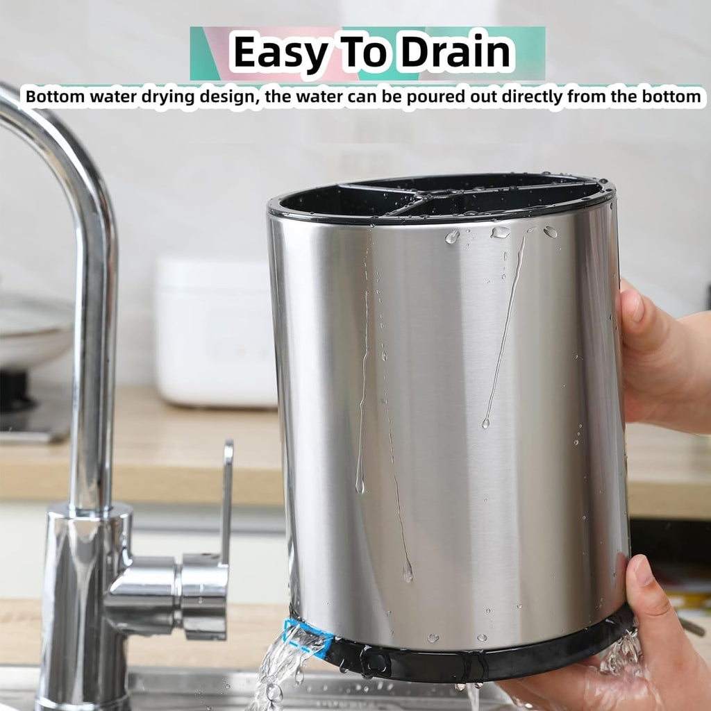 Kitchen Utensil Holder Extra Large 360° Rotating for Counter Organizer Stainless Steel Storage Cooking Silverware Caddy Flatware 3 Compartment Flatware Spoon Spatula Lazy Susan （Silvery）