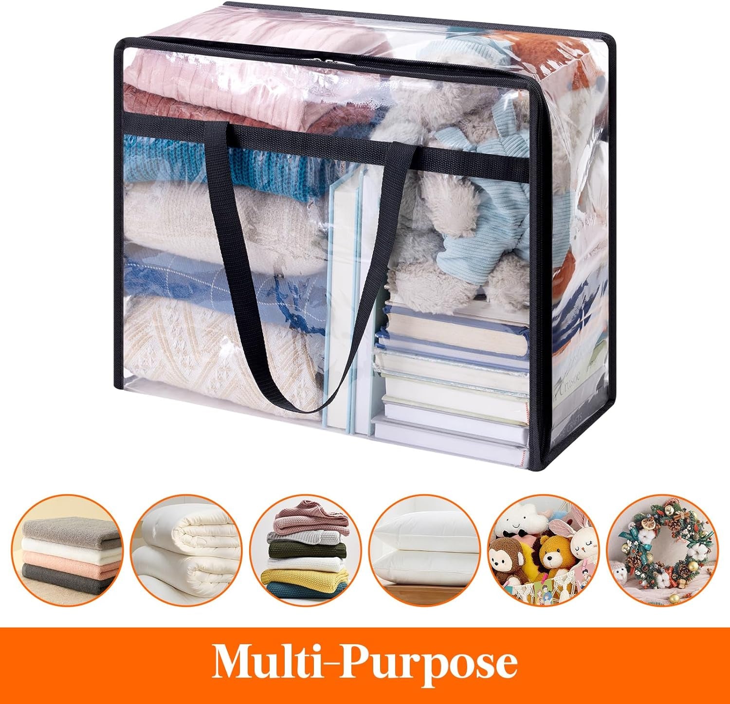 4 Pack Clear Plastic Storage Bags, 40L Foldable Clothes Storage Boxes Wardrobe Storage Organizer Moving Bags with Reinforced Handle for Loft Wardrobe for Bedding Clothes Blanket Duvet