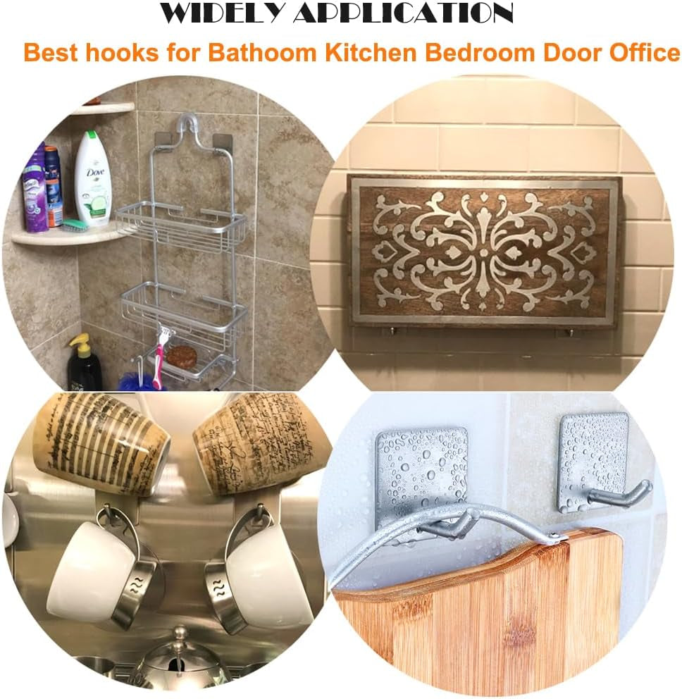 Heavy Duty Adhesive Towel Hooks Stick on Towel Hanger Wall Holder Waterproof Stainless Steel Sticky Hooks for Hanging Bathroom Kitchen Home-4 Packs