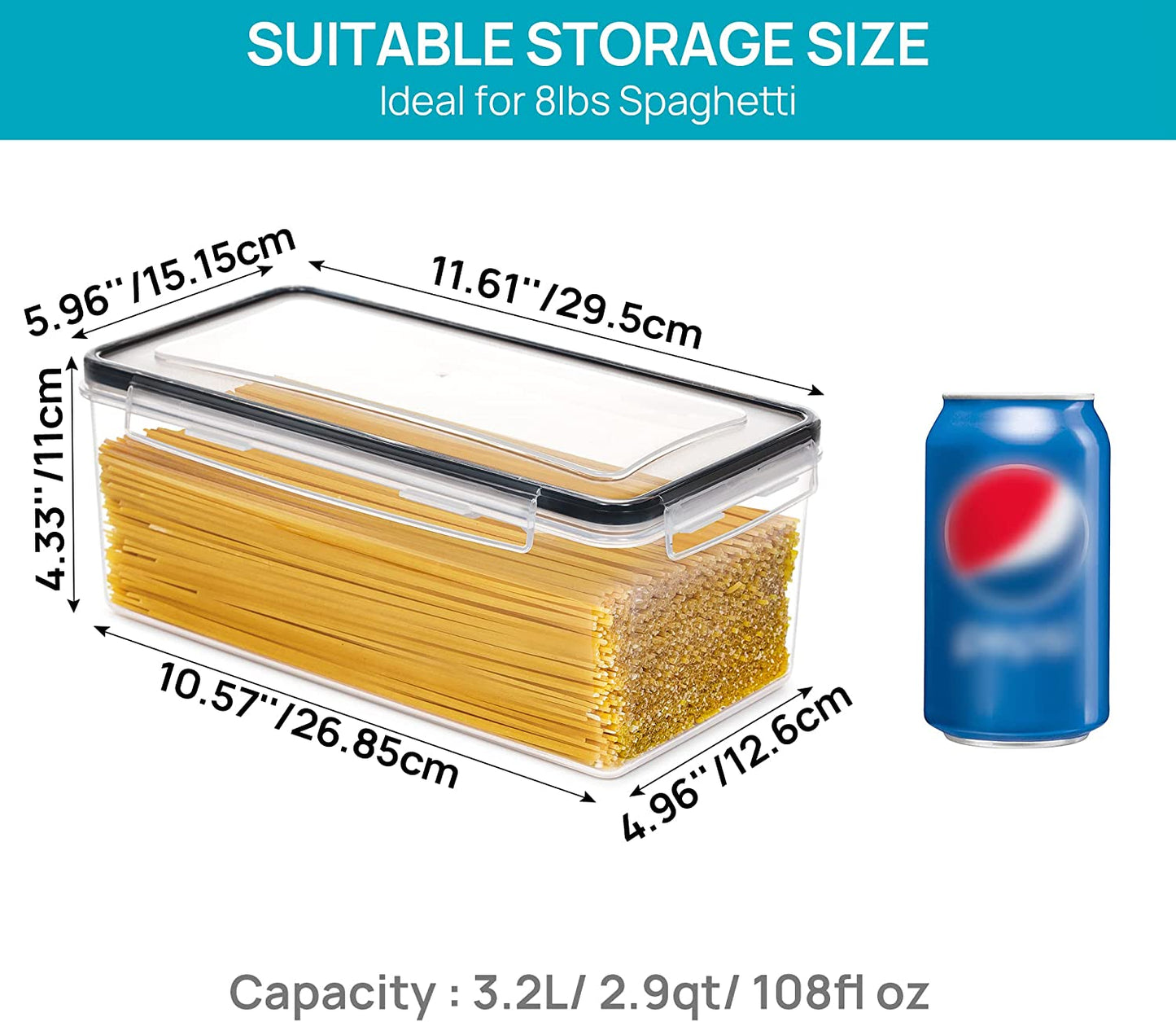 4PCS Set 3.2L Airtight Food Storage Containers with Lids, Plastic Spaghetti Container for Pasta, BPA Free Air Tight House Kitchen Pantry Organization