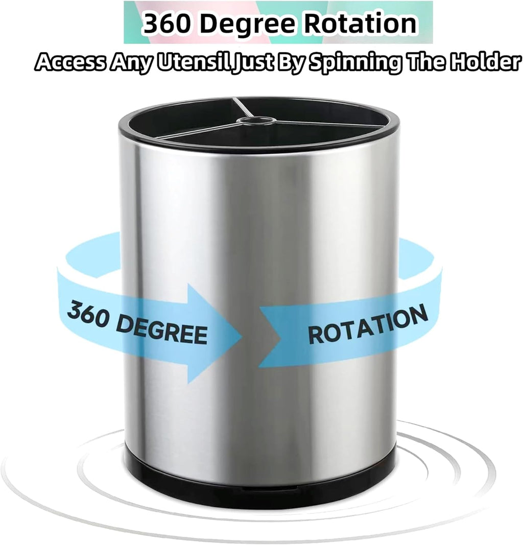 Kitchen Utensil Holder Extra Large 360° Rotating for Counter Organizer Stainless Steel Storage Cooking Silverware Caddy Flatware 3 Compartment Flatware Spoon Spatula Lazy Susan （Silvery）