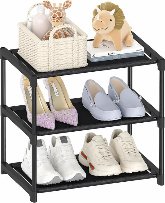 3 Tier Small Shoe Rack, Narrow Stackable Kids Toddler Adult Shoe Storage Organizer Shelf for Closet Floor Front Door Entrance Entryway, Free Standing Shoe Rack Organization Shelves