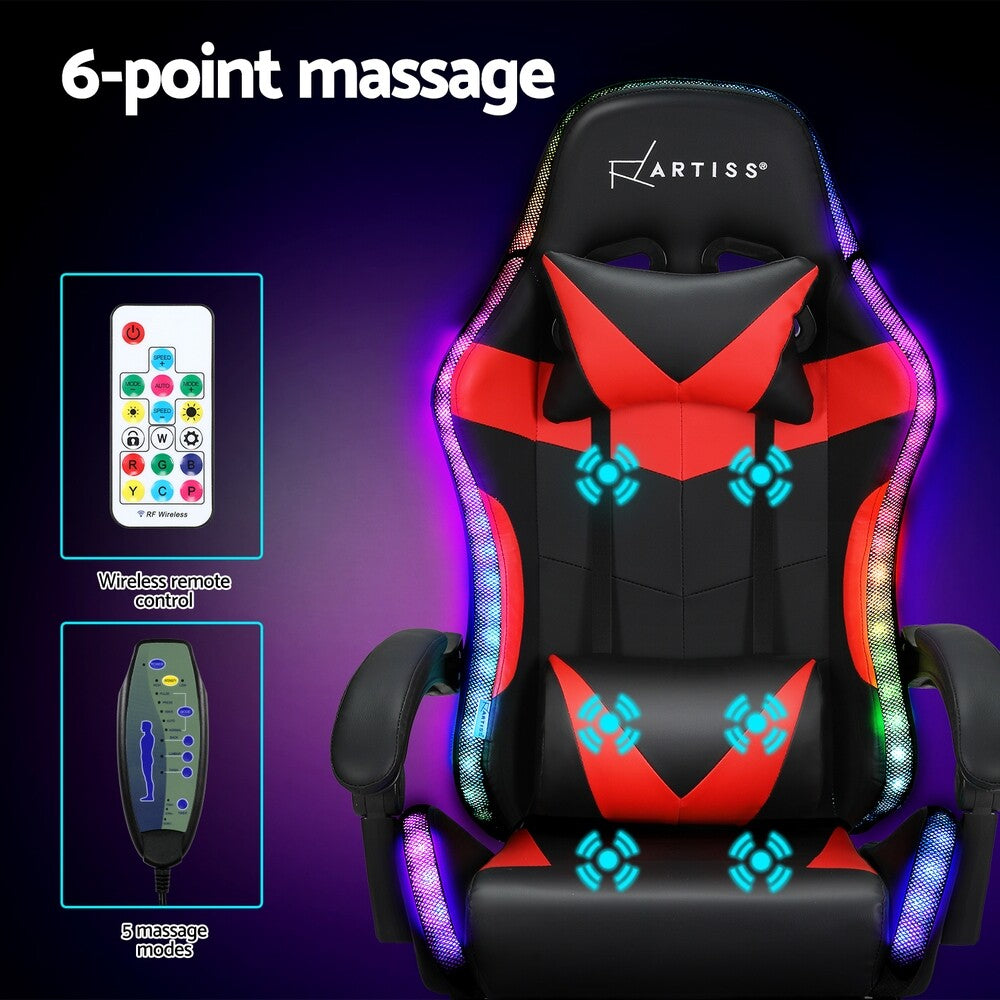 Artiss Massage Gaming Chair 6 Point 7 LED Office Chairs Leather Footrest Red