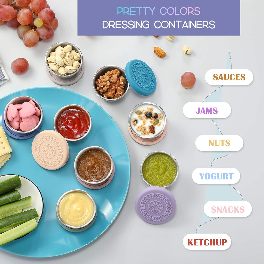 [8 Pack] Salad Dressing Container to Go, 2.4Oz Small Condiment Containers with Leakproof Silicone Lids, Reusable Stainless Steel Sauce Cups for Lunch Bento Box, Picnic and Travel