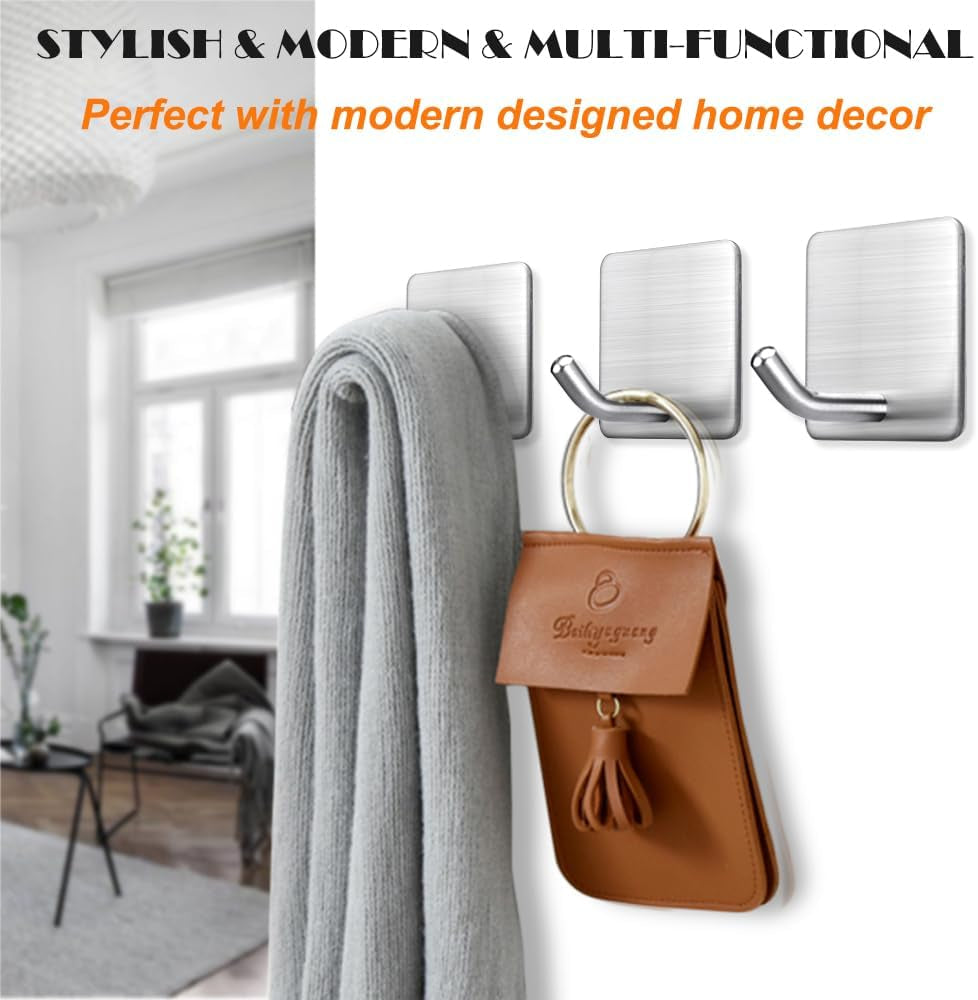 Heavy Duty Adhesive Towel Hooks Stick on Towel Hanger Wall Holder Waterproof Stainless Steel Sticky Hooks for Hanging Bathroom Kitchen Home-4 Packs