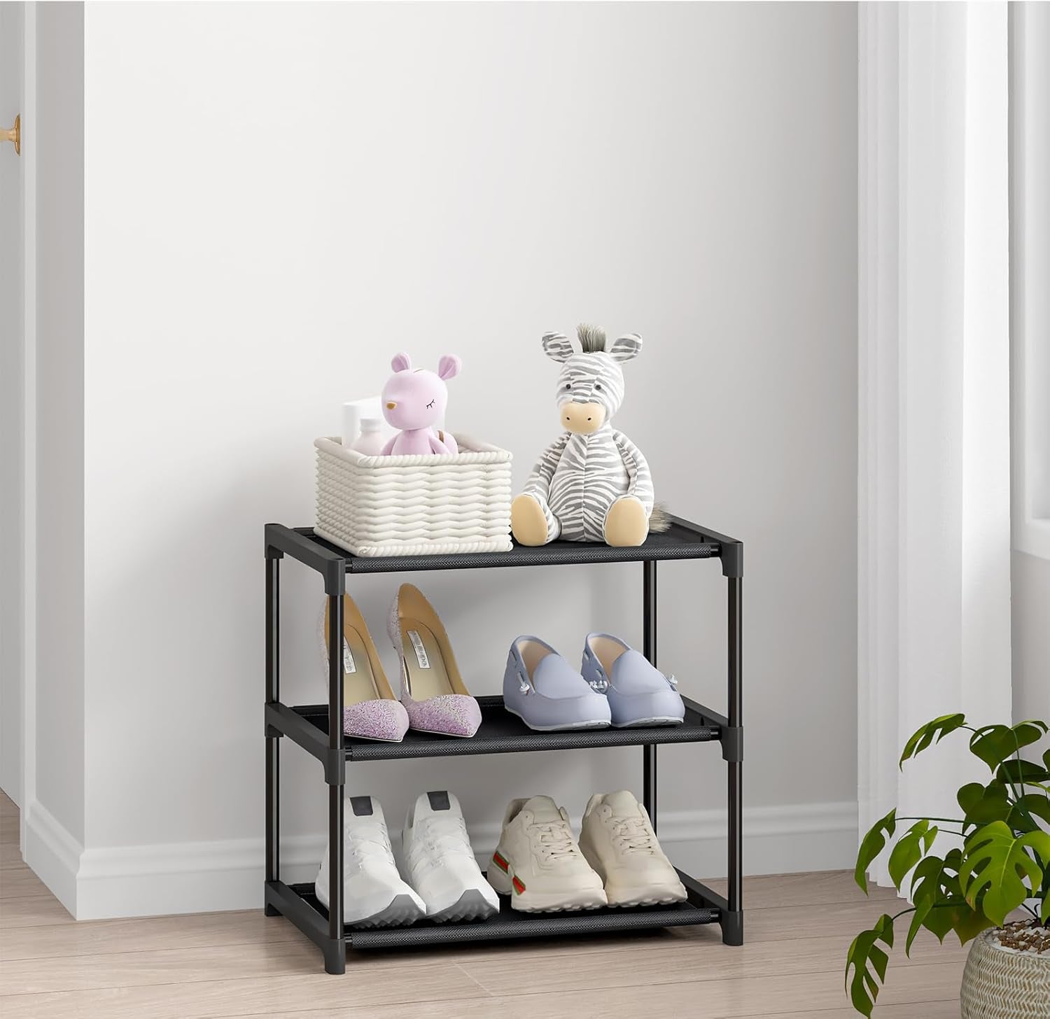 3 Tier Small Shoe Rack, Narrow Stackable Kids Toddler Adult Shoe Storage Organizer Shelf for Closet Floor Front Door Entrance Entryway, Free Standing Shoe Rack Organization Shelves