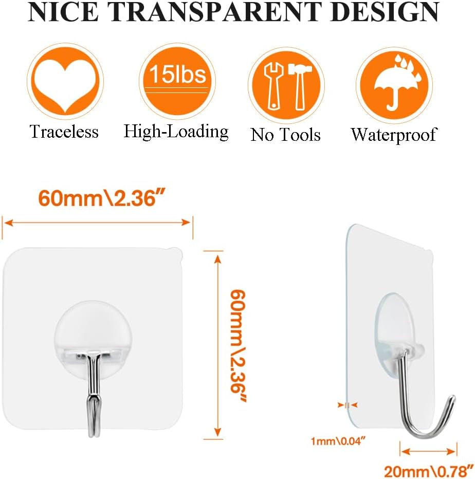 Wall Hooks 15 Pounds (Max) Heavy Duty Hooks Adhesive Hooks Transparent Hook 180 Degree Rotating without Nails Reusable Waterproof and Oilproof-10 Packs