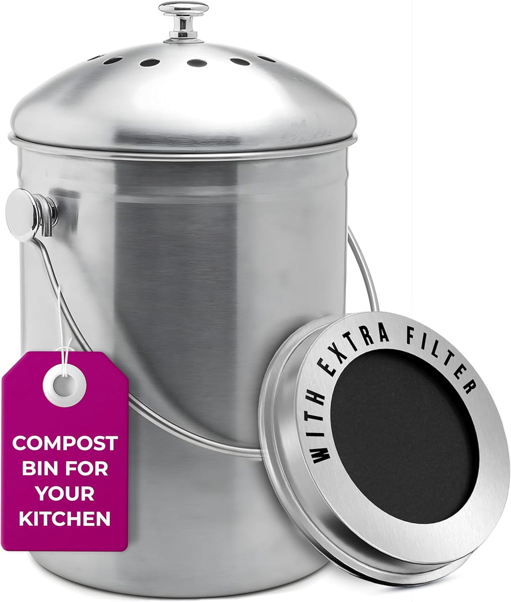 Top Rated Stainless Steel Compost Bin 1.3 Gallon-Includes Charcoal Filter