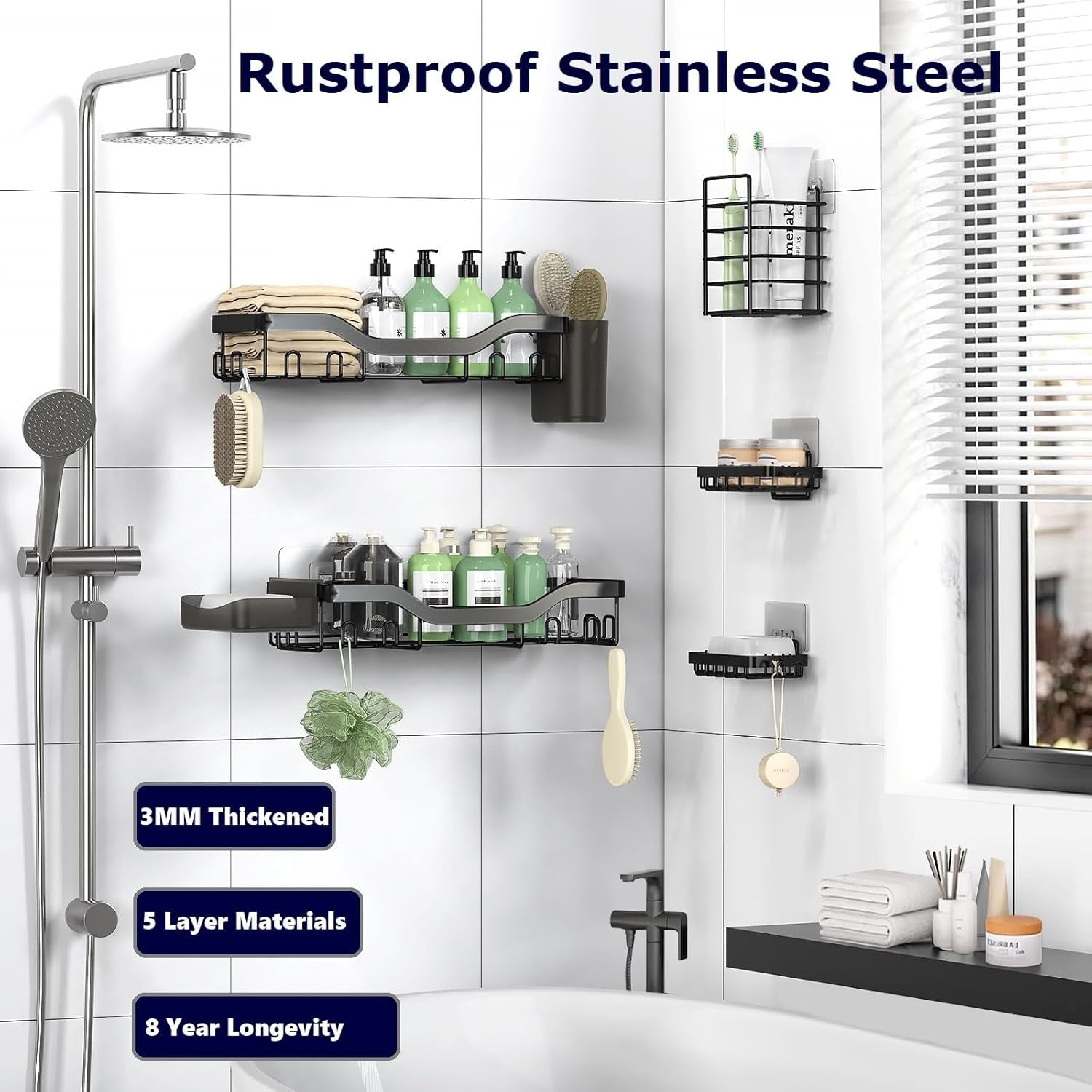 Shower Caddy Bathroom Shower Organizer Adhesive Shower Shelves with Soap Holder, Shower Shelf for inside Shower Storage Rack with Rustproof Stainless Steel for Home Organization, 2 Pack Large