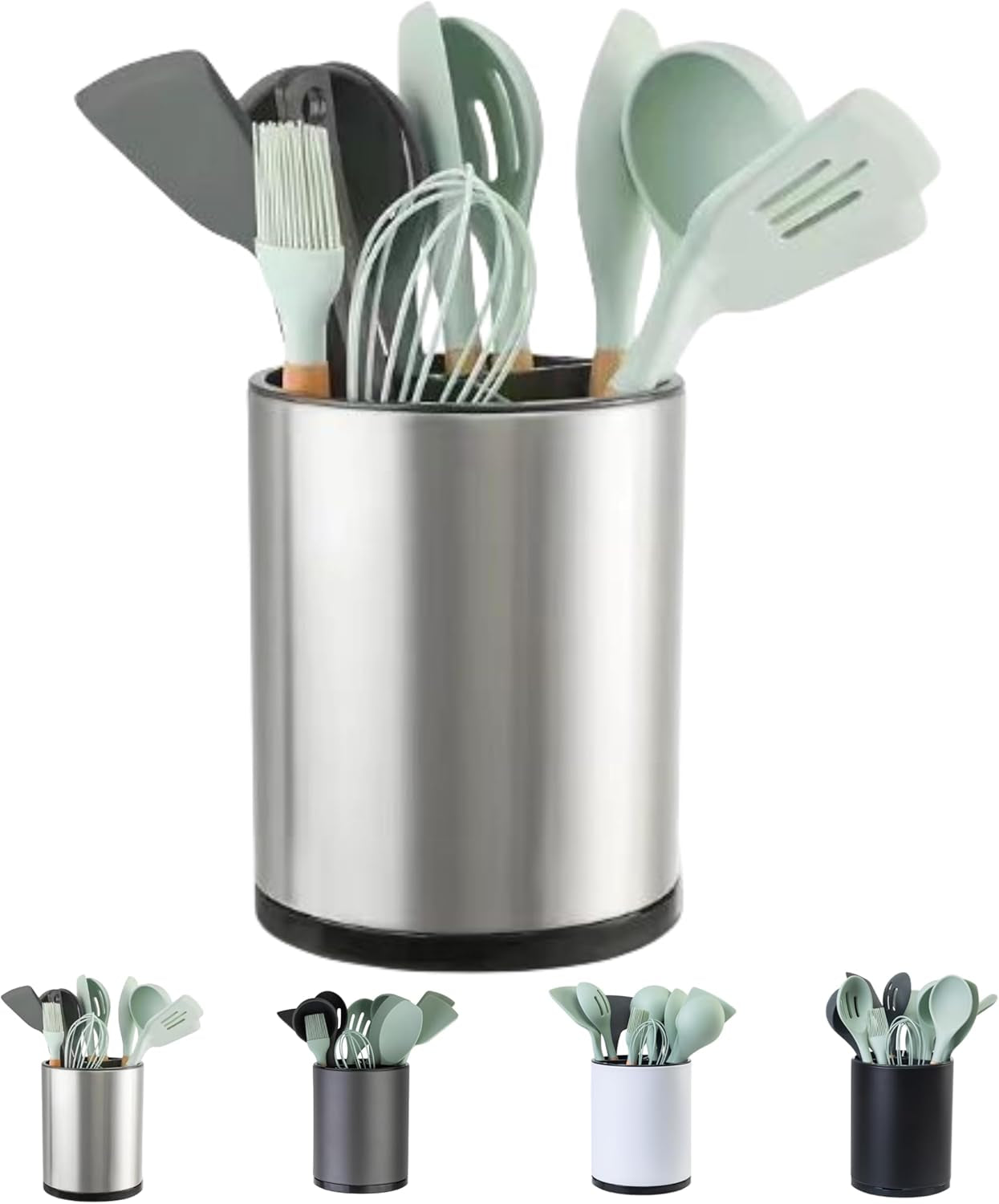 Kitchen Utensil Holder Extra Large 360° Rotating for Counter Organizer Stainless Steel Storage Cooking Silverware Caddy Flatware 3 Compartment Flatware Spoon Spatula Lazy Susan （Silvery）