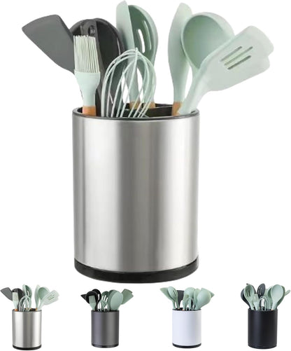 Kitchen Utensil Holder Extra Large 360° Rotating for Counter Organizer Stainless Steel Storage Cooking Silverware Caddy Flatware 3 Compartment Flatware Spoon Spatula Lazy Susan （Silvery）