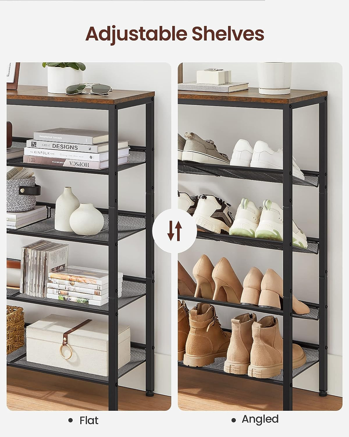 Shoe Rack for Entryway, 5 Tier Shoe Storage Shelves, 16-20 Pairs Shoe Organizer, with Sturdy Wooden Top and Steel Frame, Free Standing, Industrial, Rustic Brown and Black ULBS038B01