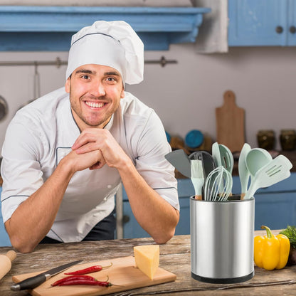 Kitchen Utensil Holder Extra Large 360° Rotating for Counter Organizer Stainless Steel Storage Cooking Silverware Caddy Flatware 3 Compartment Flatware Spoon Spatula Lazy Susan （Silvery）