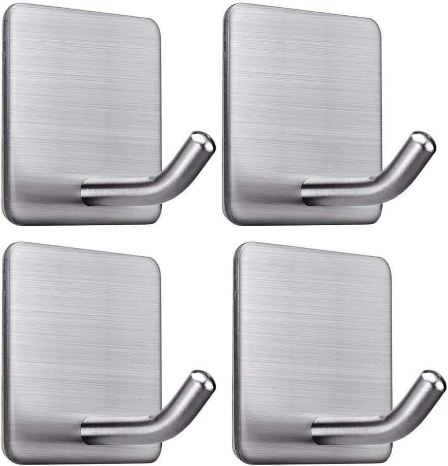 Heavy Duty Adhesive Towel Hooks Stick on Towel Hanger Wall Holder Waterproof Stainless Steel Sticky Hooks for Hanging Bathroom Kitchen Home-4 Packs