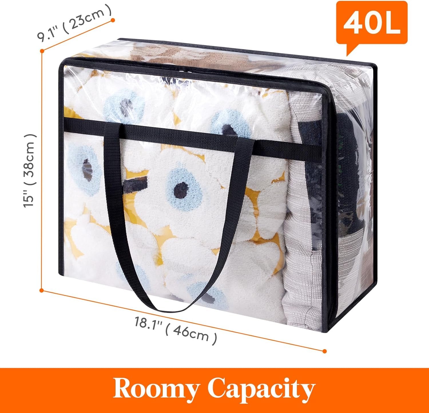4 Pack Clear Plastic Storage Bags, 40L Foldable Clothes Storage Boxes Wardrobe Storage Organizer Moving Bags with Reinforced Handle for Loft Wardrobe for Bedding Clothes Blanket Duvet