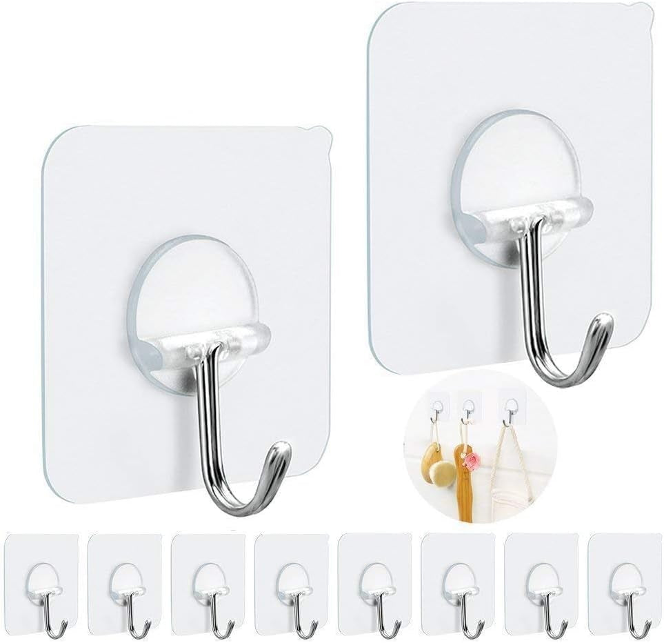 Wall Hooks 15 Pounds (Max) Heavy Duty Hooks Adhesive Hooks Transparent Hook 180 Degree Rotating without Nails Reusable Waterproof and Oilproof-10 Packs