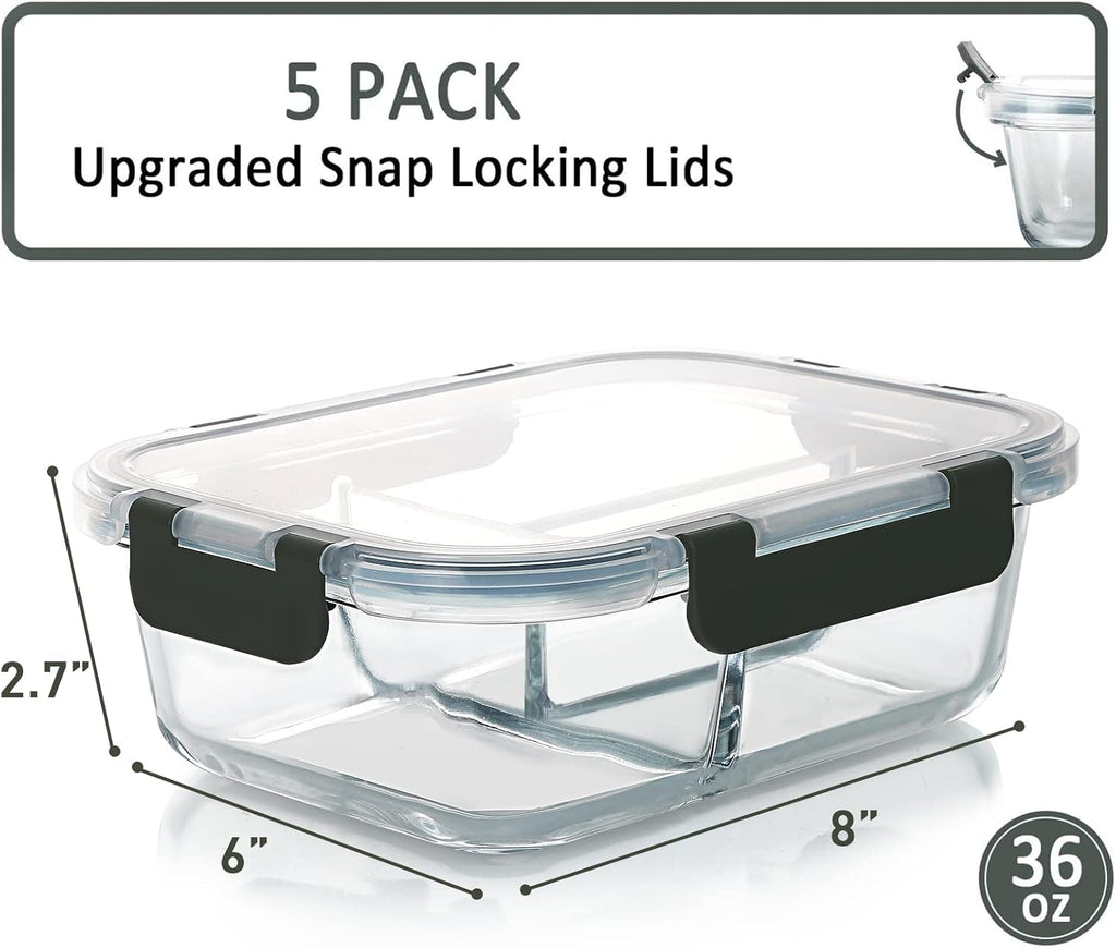 [5-Pack, 36 Oz] Glass Meal Prep Containers 3 Compartment with Lids, Glass Lunch Containers,Food Prep Lunch Box,Bento Box,Bpa-Free, Microwave, Oven, Freezer, Dishwasher (4.5 Cups)