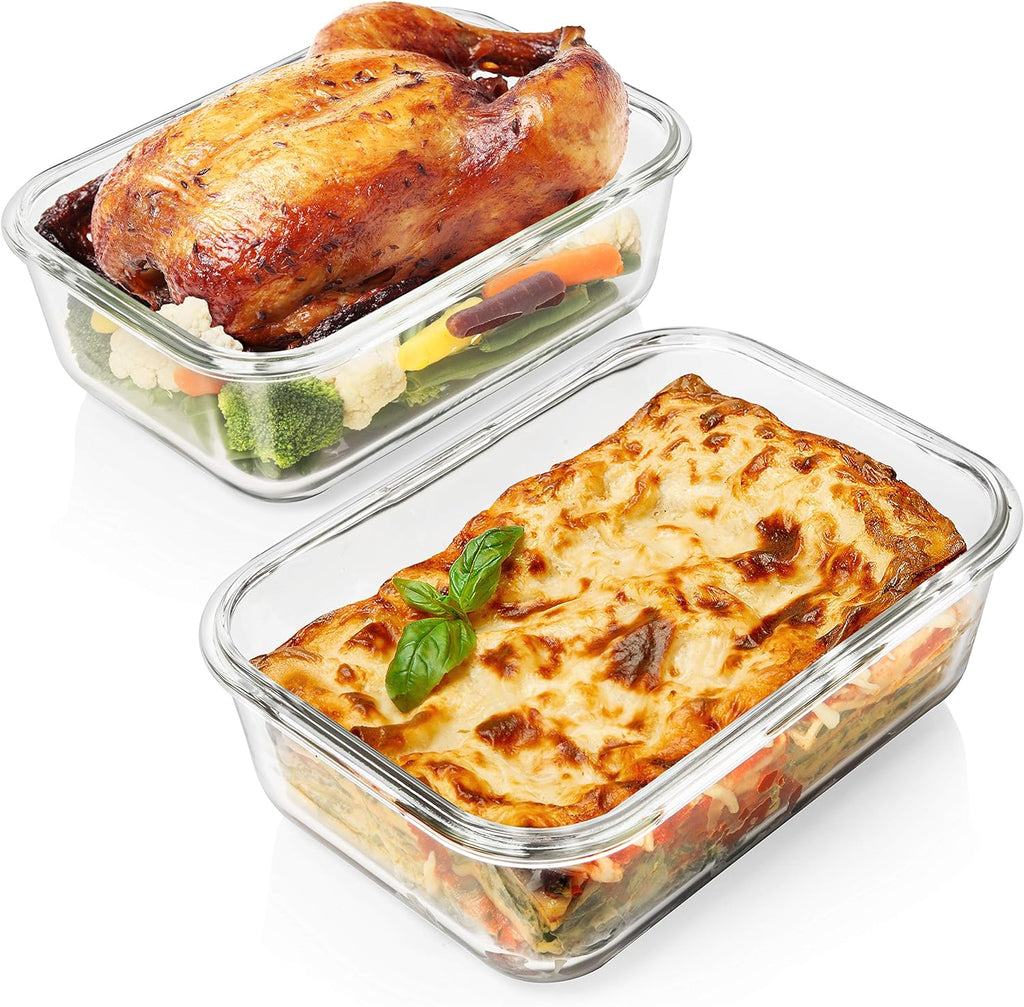 8 Cups/ 63 Oz 4 Piece (2 Containers + 2 Lids) Large Glass Food Storage/Baking Containers with Locking Lids Ideal for Storing Food, Vegetables or Fruits. BPA Free & Leak Proof - Microwave, Oven Safe