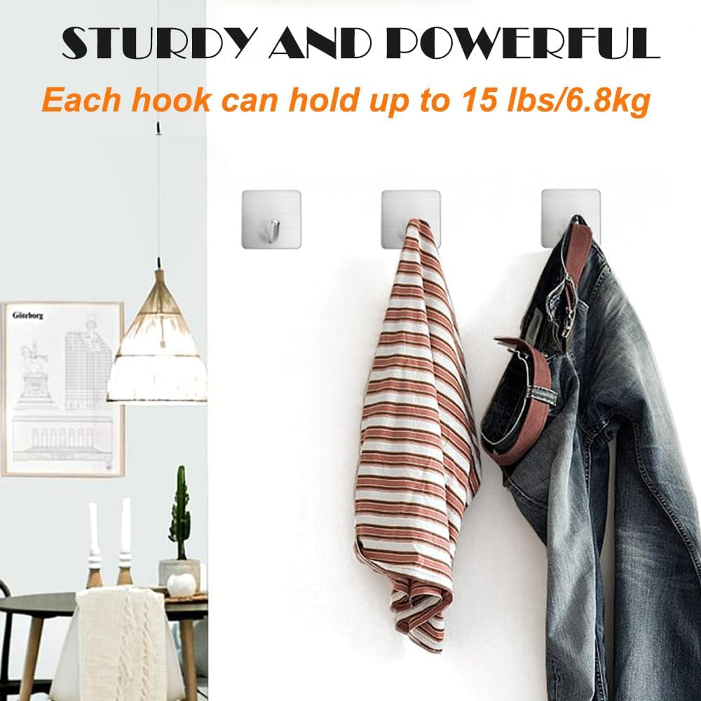 Heavy Duty Adhesive Towel Hooks Stick on Towel Hanger Wall Holder Waterproof Stainless Steel Sticky Hooks for Hanging Bathroom Kitchen Home-4 Packs