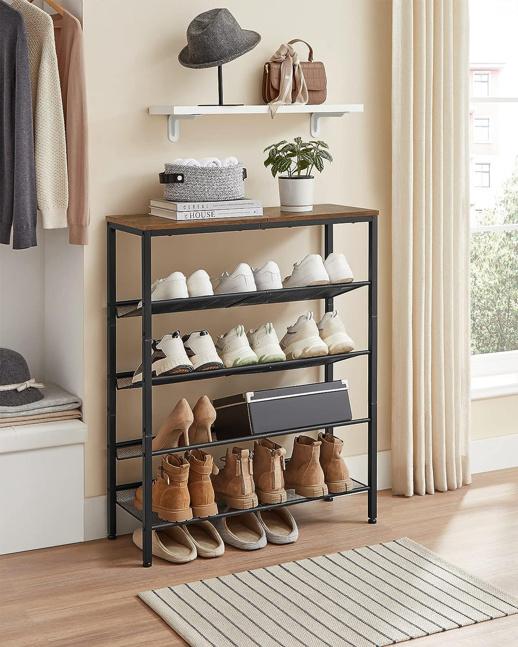 Shoe Rack for Entryway, 5 Tier Shoe Storage Shelves, 16-20 Pairs Shoe Organizer, with Sturdy Wooden Top and Steel Frame, Free Standing, Industrial, Rustic Brown and Black ULBS038B01