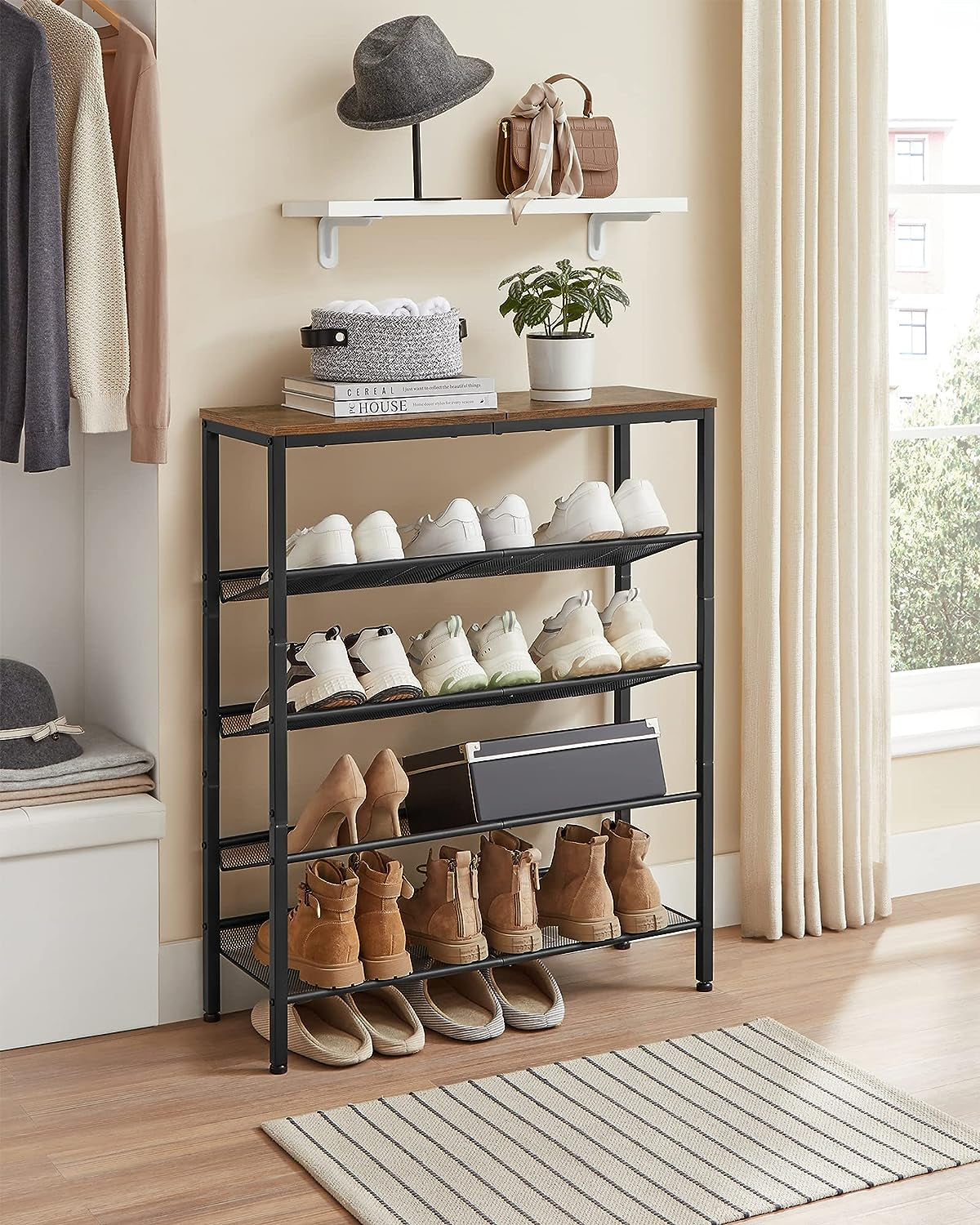 Shoe Rack for Entryway, 5 Tier Shoe Storage Shelves, 16-20 Pairs Shoe Organizer, with Sturdy Wooden Top and Steel Frame, Free Standing, Industrial, Rustic Brown and Black ULBS038B01