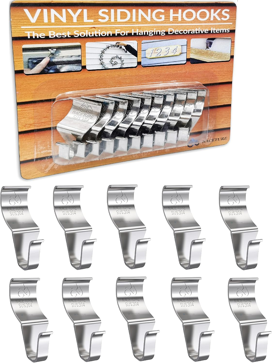 Vinyl Siding Hooks Hanger (10 Pack) | Vinyl Siding Hooks for Hanging Outdoor Deck Decor, No Drill Vinyl Siding Clips for Hanging outside Home or Holiday Decor (Sliver)
