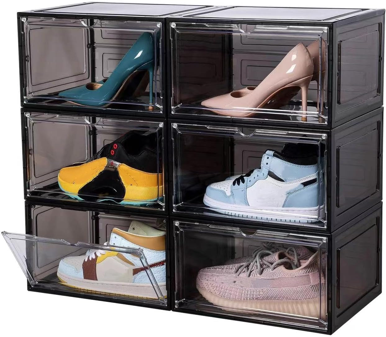 Large Clear Shoe Box Organizer, Plastic Stackable Shoe Storage Box with Magnetic Door, Modern/Contemporary Style, 6-Pack, L Size
