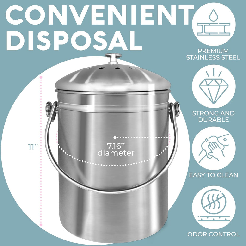 Top Rated Stainless Steel Compost Bin 1.3 Gallon-Includes Charcoal Filter