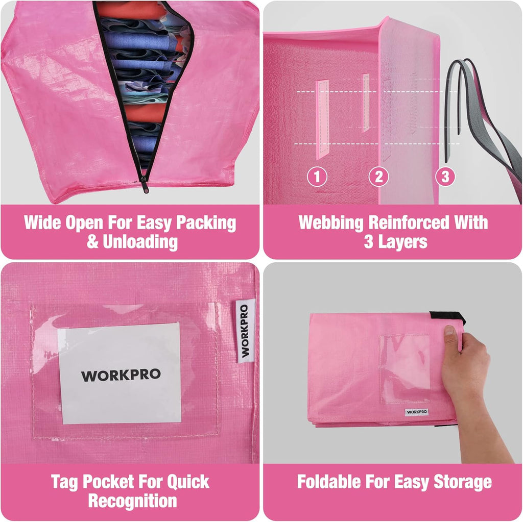 6 Pack Extra Large Moving Bags with Zippers & Carrying Handles Backpack Straps, Heavy-Duty Storage Tote for Space Saving Moving Storage - Pink