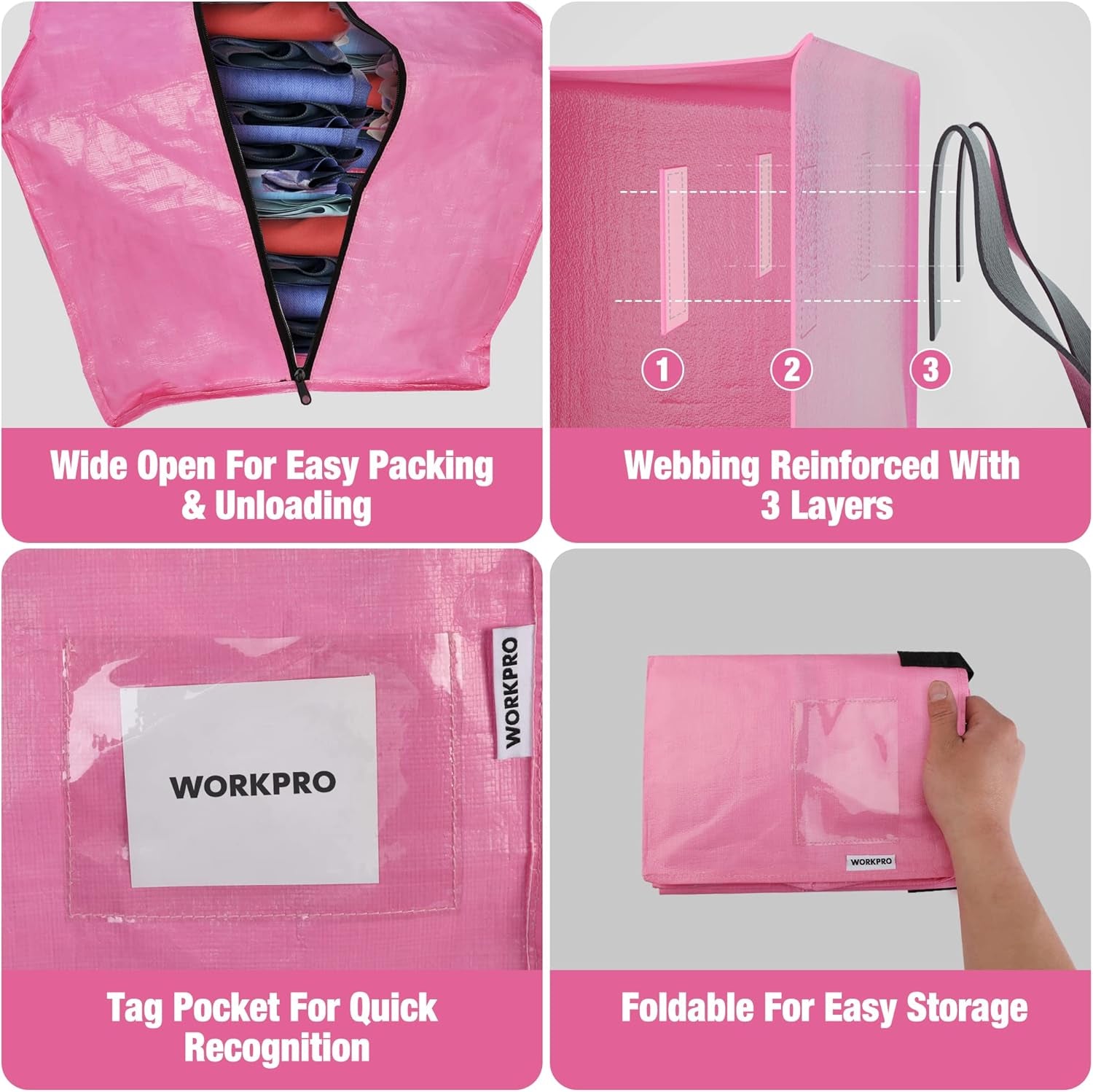 6 Pack Extra Large Moving Bags with Zippers & Carrying Handles Backpack Straps, Heavy-Duty Storage Tote for Space Saving Moving Storage - Pink