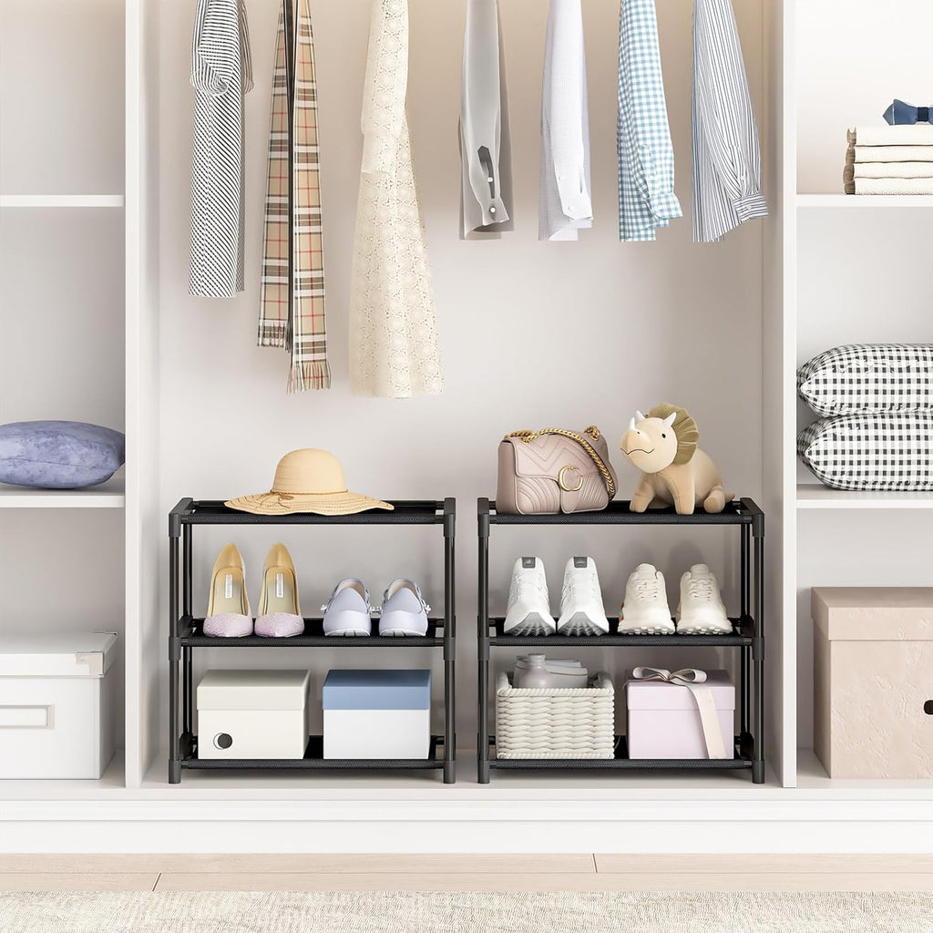 3 Tier Small Shoe Rack, Narrow Stackable Kids Toddler Adult Shoe Storage Organizer Shelf for Closet Floor Front Door Entrance Entryway, Free Standing Shoe Rack Organization Shelves