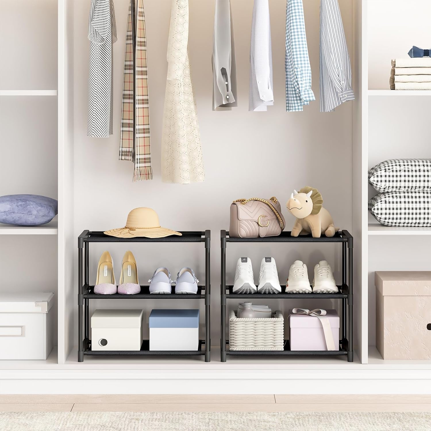 3 Tier Small Shoe Rack, Narrow Stackable Kids Toddler Adult Shoe Storage Organizer Shelf for Closet Floor Front Door Entrance Entryway, Free Standing Shoe Rack Organization Shelves