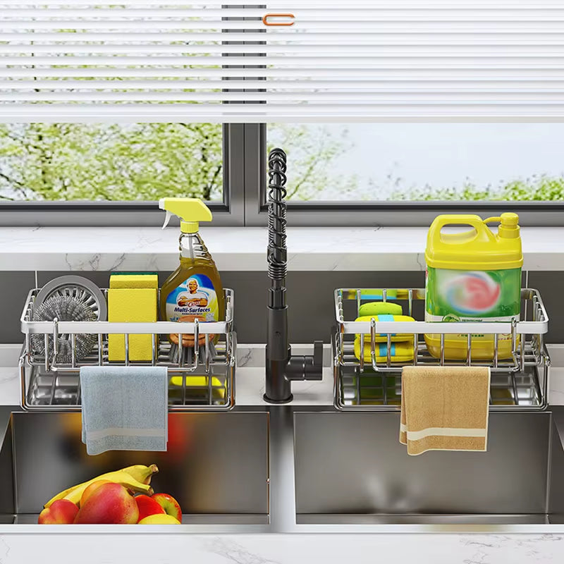 Kitchen Sponge Holder Stainless Steel Sink Drain Rack Soap Drainer Towel Rack Shelf Organizer Bathroom Storage Accessories