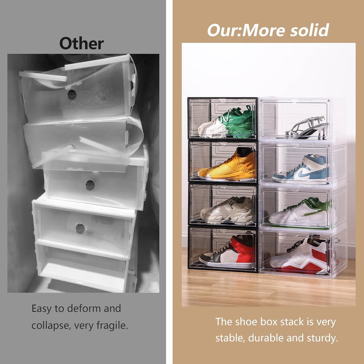 Large Clear Shoe Box Organizer, Plastic Stackable Shoe Storage Box with Magnetic Door, Modern/Contemporary Style, 6-Pack, L Size