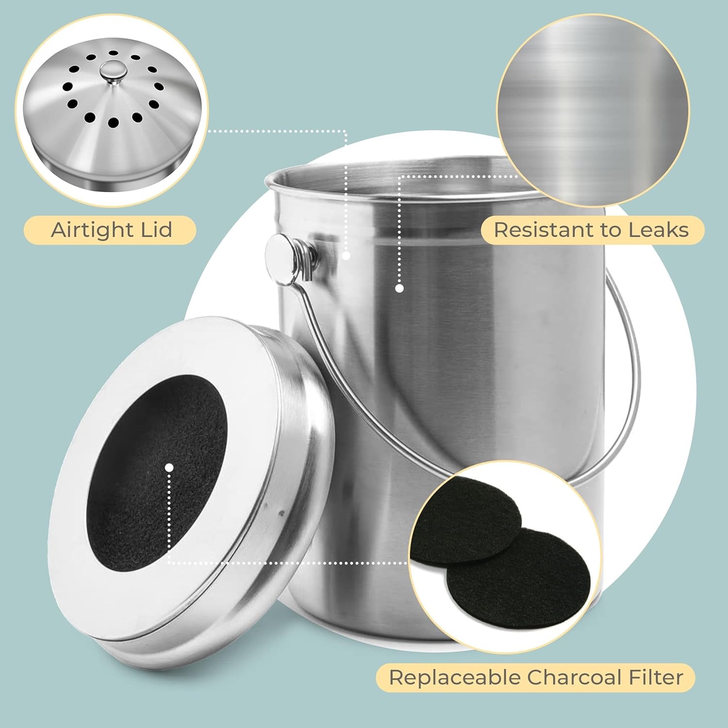 Top Rated Stainless Steel Compost Bin 1.3 Gallon-Includes Charcoal Filter